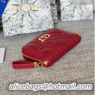 Top Grade Dior Caro Compact Zipped Wallet in Cannage Calfskin CD0215 Deep Red 2024