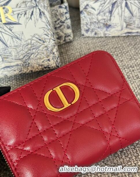 Top Grade Dior Caro Compact Zipped Wallet in Cannage Calfskin CD0215 Deep Red 2024