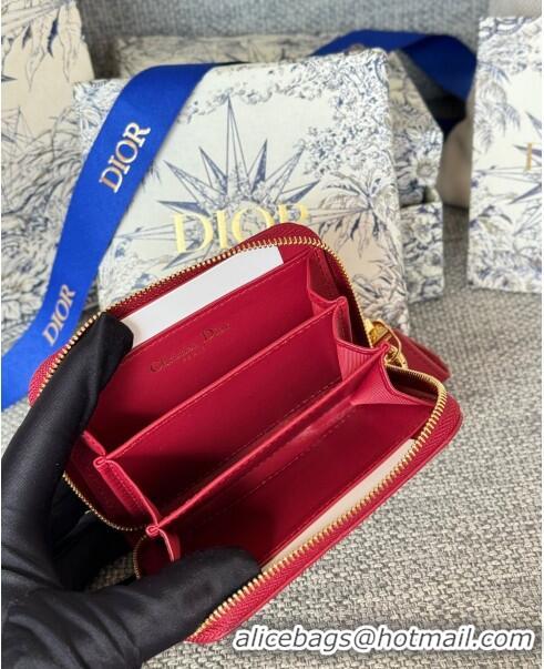 Top Grade Dior Caro Compact Zipped Wallet in Cannage Calfskin CD0215 Deep Red 2024