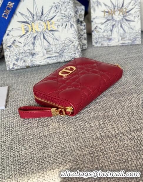 Top Grade Dior Caro Compact Zipped Wallet in Cannage Calfskin CD0215 Deep Red 2024