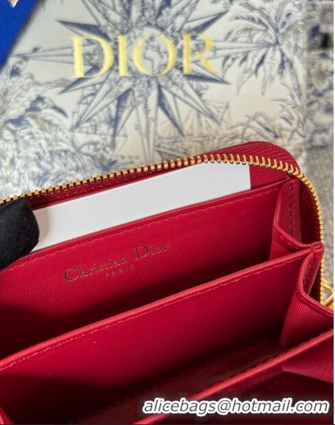 Top Grade Dior Caro Compact Zipped Wallet in Cannage Calfskin CD0215 Deep Red 2024