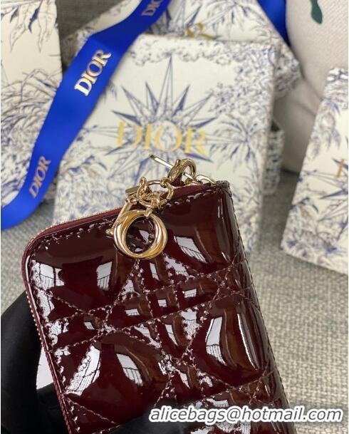 Luxury Cheap Dior Small Lady Dior Voyageur Coin Purse in Patent Calfskin CD0220 Burgundy 2024