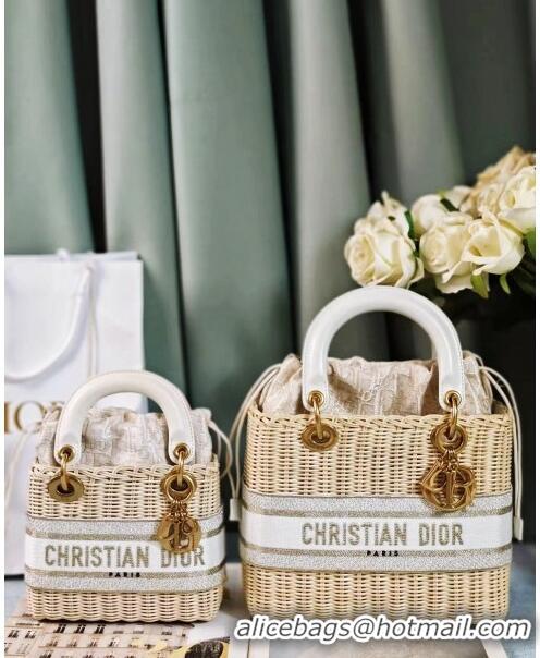 Top Design Dior Mini Lady Dior Bag in Weaving Wicker and Leather 9989 White 2024