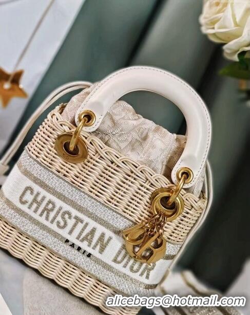 Top Design Dior Mini Lady Dior Bag in Weaving Wicker and Leather 9989 White 2024