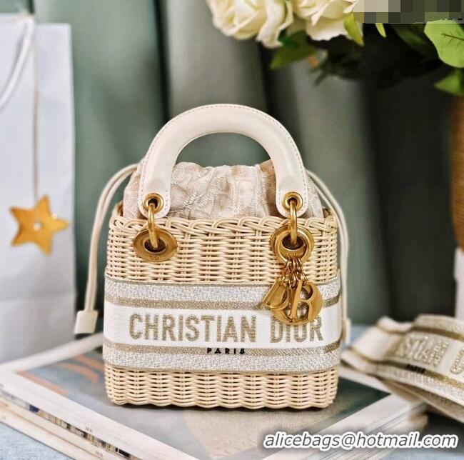 Top Design Dior Mini Lady Dior Bag in Weaving Wicker and Leather 9989 White 2024