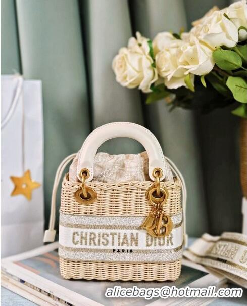 Top Design Dior Mini Lady Dior Bag in Weaving Wicker and Leather 9989 White 2024