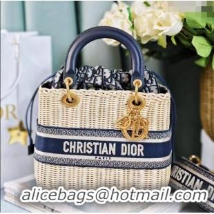 Top Quality Dior Medium Lady Dior Bag in Weaving Wicker and Black Leather 9989 Navy Blue 2023