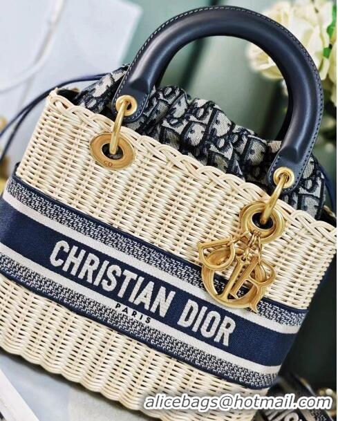 Top Quality Dior Medium Lady Dior Bag in Weaving Wicker and Black Leather 9989 Navy Blue 2023