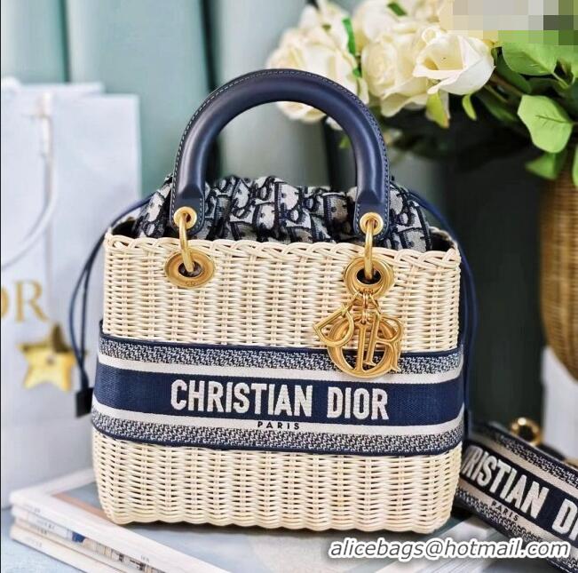 Top Quality Dior Medium Lady Dior Bag in Weaving Wicker and Black Leather 9989 Navy Blue 2023