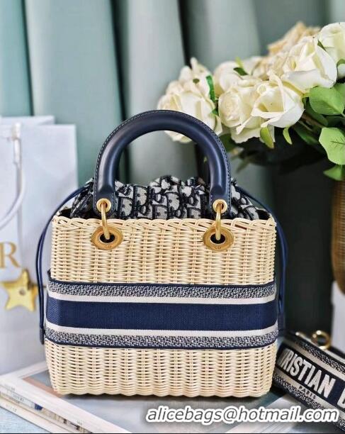 Top Quality Dior Medium Lady Dior Bag in Weaving Wicker and Black Leather 9989 Navy Blue 2023