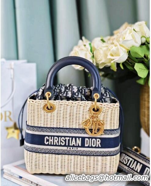 Top Quality Dior Medium Lady Dior Bag in Weaving Wicker and Black Leather 9989 Navy Blue 2023