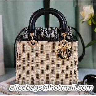 Super Quality Dior Medium Lady Dior Bag in Weaving Wicker and Black Leather 9989 Beige/Black 2024