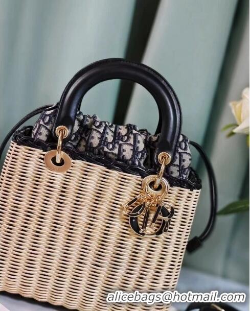 Super Quality Dior Medium Lady Dior Bag in Weaving Wicker and Black Leather 9989 Beige/Black 2024