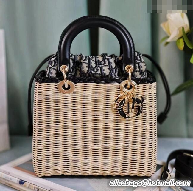 Super Quality Dior Medium Lady Dior Bag in Weaving Wicker and Black Leather 9989 Beige/Black 2024