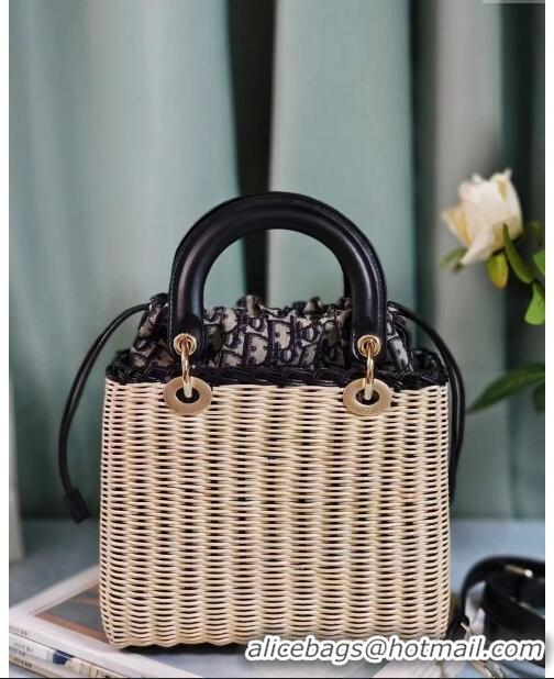 Super Quality Dior Medium Lady Dior Bag in Weaving Wicker and Black Leather 9989 Beige/Black 2024