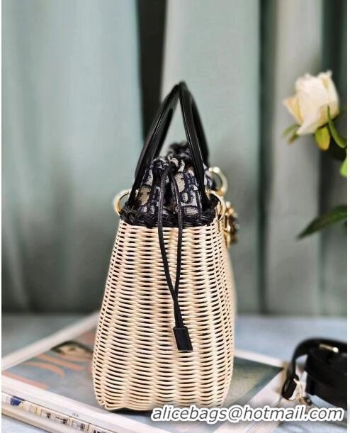 Super Quality Dior Medium Lady Dior Bag in Weaving Wicker and Black Leather 9989 Beige/Black 2024