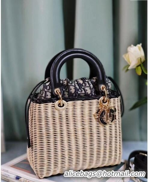 Super Quality Dior Medium Lady Dior Bag in Weaving Wicker and Black Leather 9989 Beige/Black 2024