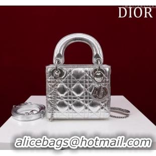 Luxurious Grade Dior Mini Lady Dior Bag in Metallic Cannage Leather M0505 Silver 2024