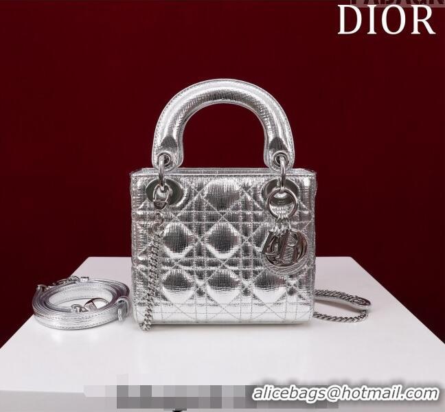 Luxurious Grade Dior Mini Lady Dior Bag in Metallic Cannage Leather M0505 Silver 2024