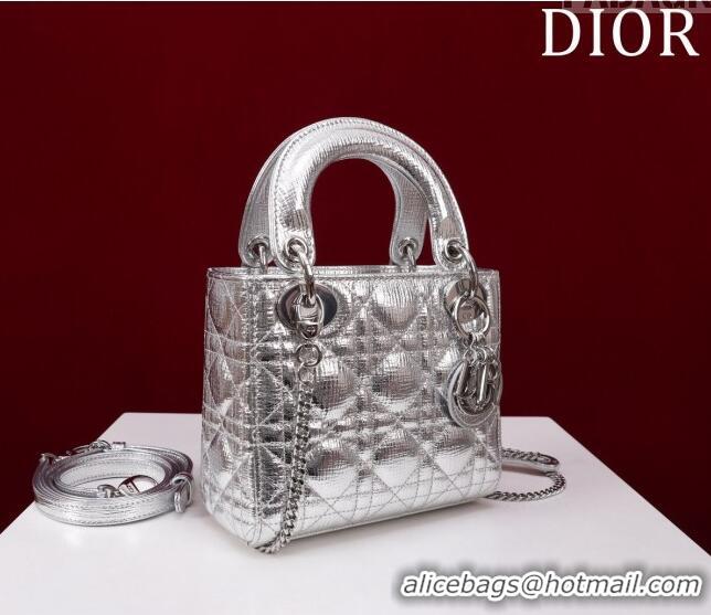 Luxurious Grade Dior Mini Lady Dior Bag in Metallic Cannage Leather M0505 Silver 2024