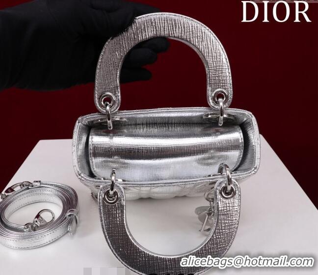 Luxurious Grade Dior Mini Lady Dior Bag in Metallic Cannage Leather M0505 Silver 2024