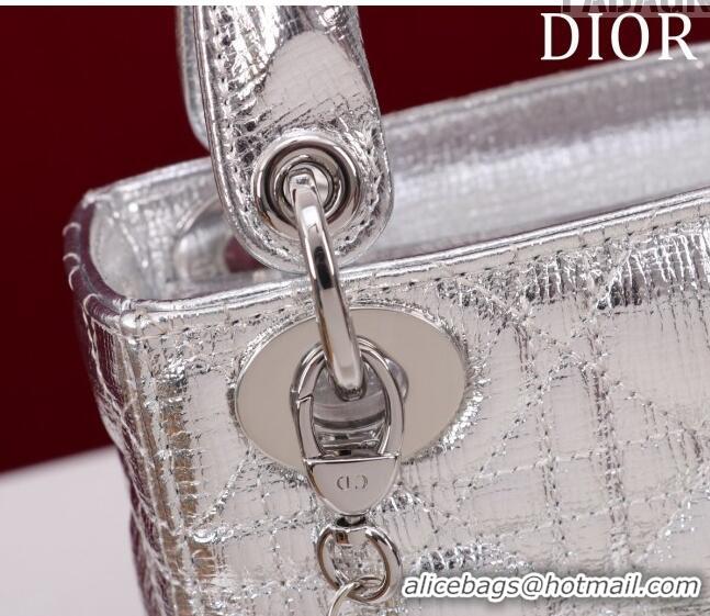 Luxurious Grade Dior Mini Lady Dior Bag in Metallic Cannage Leather M0505 Silver 2024