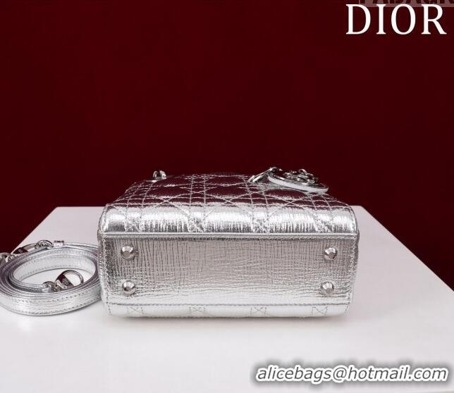 Luxurious Grade Dior Mini Lady Dior Bag in Metallic Cannage Leather M0505 Silver 2024