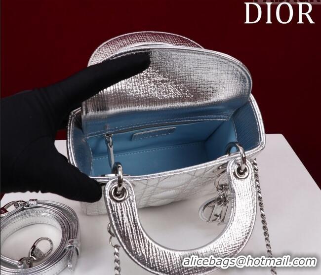 Luxurious Grade Dior Mini Lady Dior Bag in Metallic Cannage Leather M0505 Silver 2024