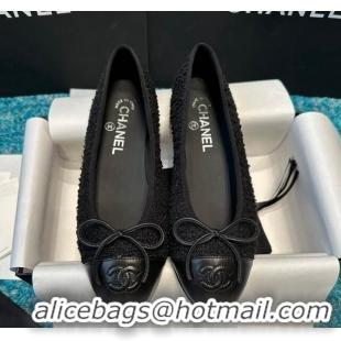 Good Looking Chanel Classic Tweed & Leather Ballet Flat All Black 325058