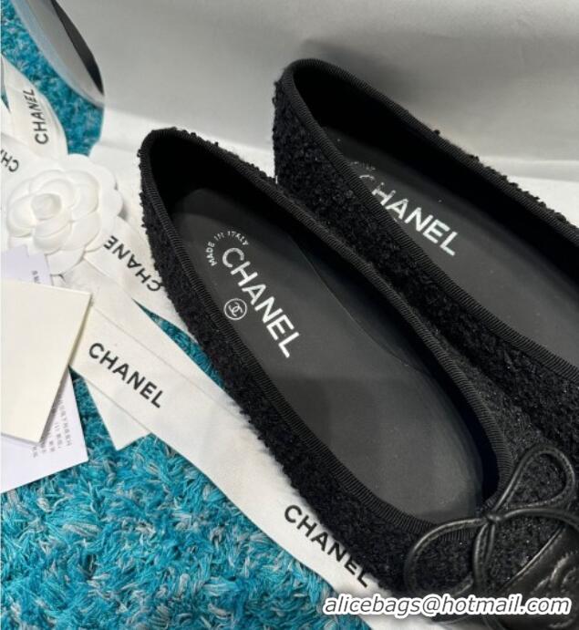 Good Looking Chanel Classic Tweed & Leather Ballet Flat All Black 325058