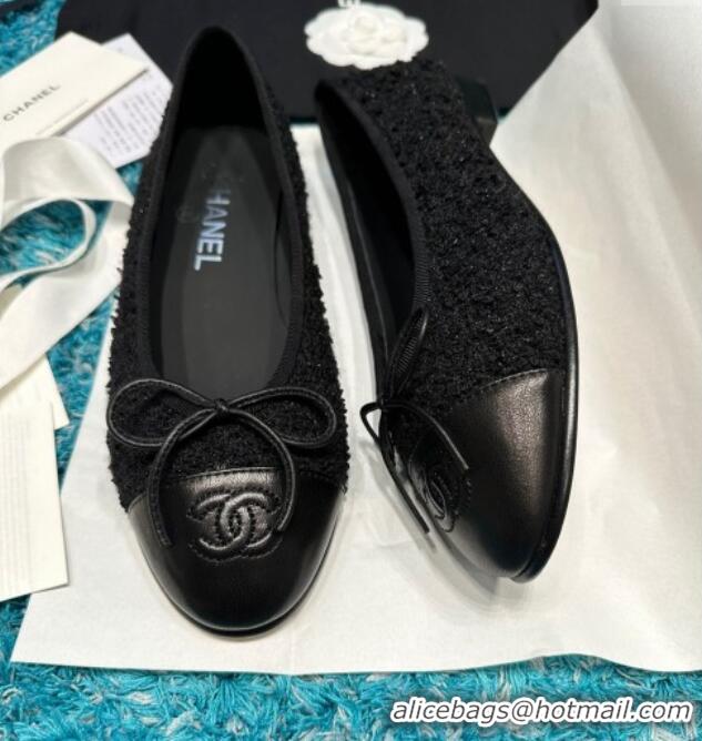 Good Looking Chanel Classic Tweed & Leather Ballet Flat All Black 325058