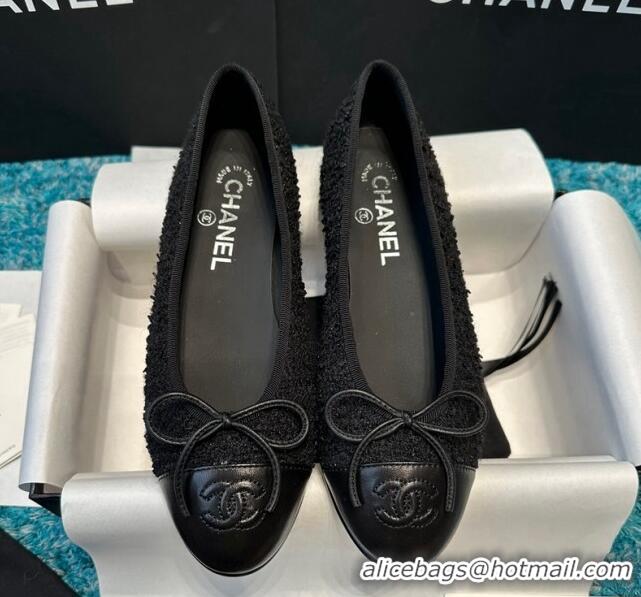 Good Looking Chanel Classic Tweed & Leather Ballet Flat All Black 325058