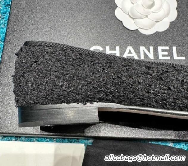 Good Looking Chanel Classic Tweed & Leather Ballet Flat All Black 325058