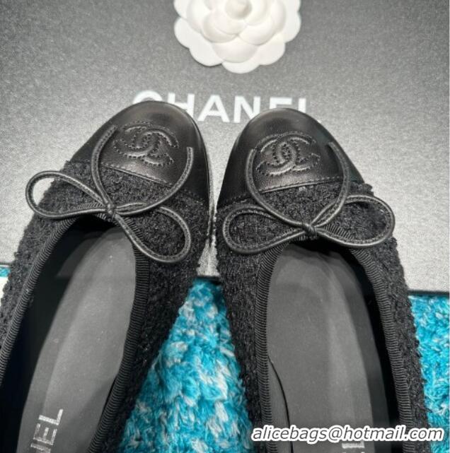 Good Looking Chanel Classic Tweed & Leather Ballet Flat All Black 325058