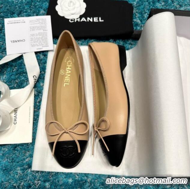 Sumptuous Chanel Classic Calfskin Leather Ballet Flat Beige/Black 325029