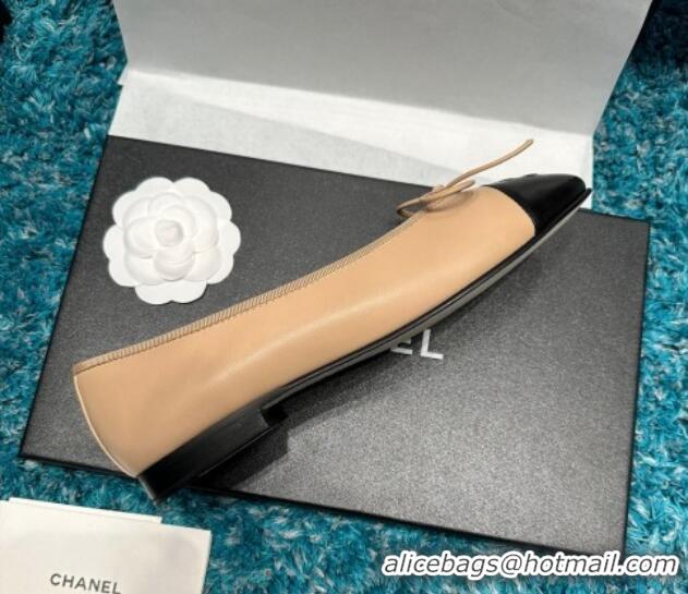 Sumptuous Chanel Classic Calfskin Leather Ballet Flat Beige/Black 325029