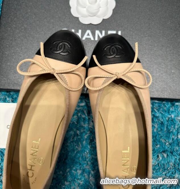 Sumptuous Chanel Classic Calfskin Leather Ballet Flat Beige/Black 325029