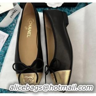 Popular Style Chanel Classic Calfskin Leather Ballet Flat Black/Gold 325037