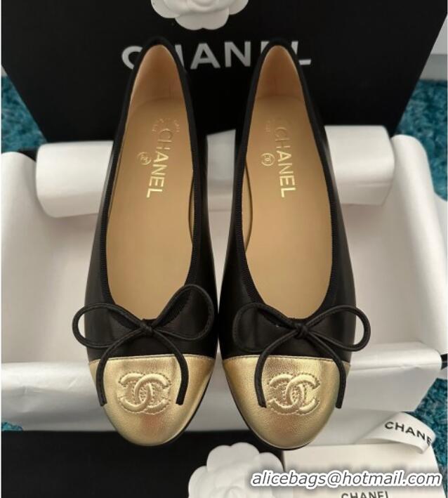 Popular Style Chanel Classic Calfskin Leather Ballet Flat Black/Gold 325037