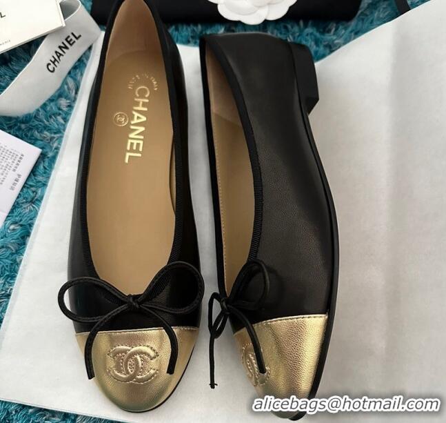 Popular Style Chanel Classic Calfskin Leather Ballet Flat Black/Gold 325037