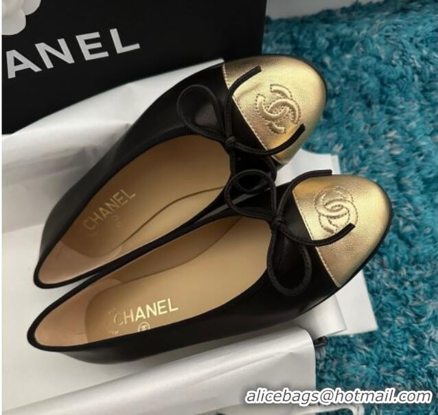 Popular Style Chanel Classic Calfskin Leather Ballet Flat Black/Gold 325037