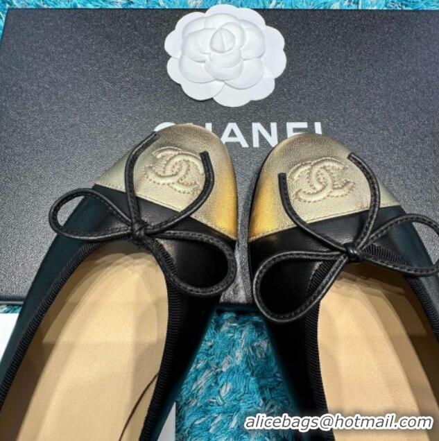 Popular Style Chanel Classic Calfskin Leather Ballet Flat Black/Gold 325037