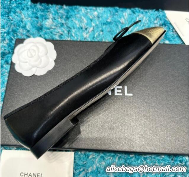 Popular Style Chanel Classic Calfskin Leather Ballet Flat Black/Gold 325037