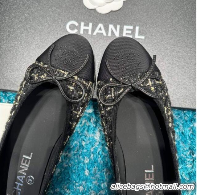 Top Grade Chanel Classic Tweed & GrosgrainBallet Flat Black/Gold 325052