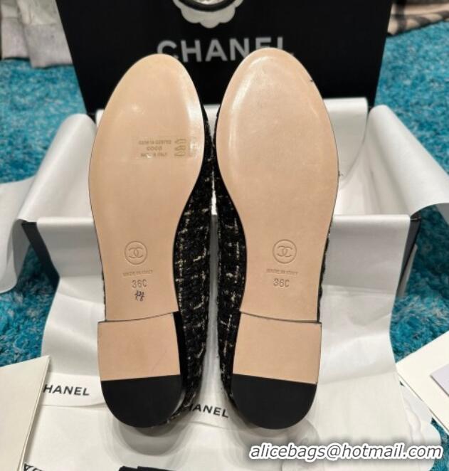 Top Grade Chanel Classic Tweed & GrosgrainBallet Flat Black/Gold 325052