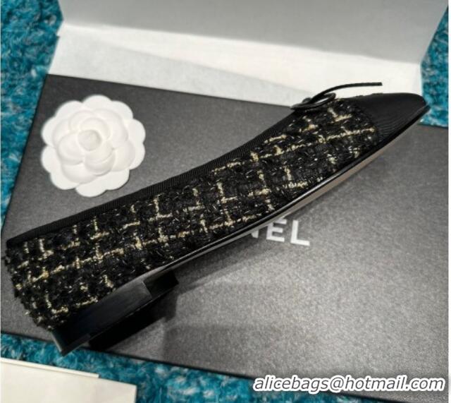 Top Grade Chanel Classic Tweed & GrosgrainBallet Flat Black/Gold 325052