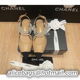 Low Price Chanel Lambskin Flat Pearl Slingbacks G37532 Beige 325059