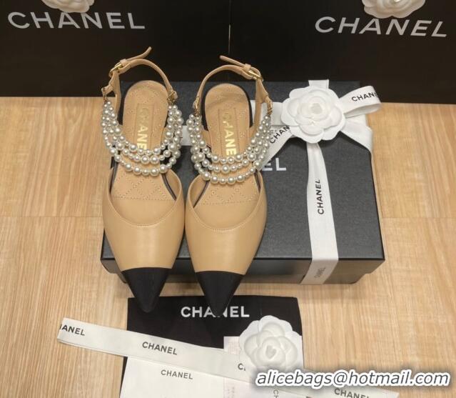 Low Price Chanel Lambskin Flat Pearl Slingbacks G37532 Beige 325059