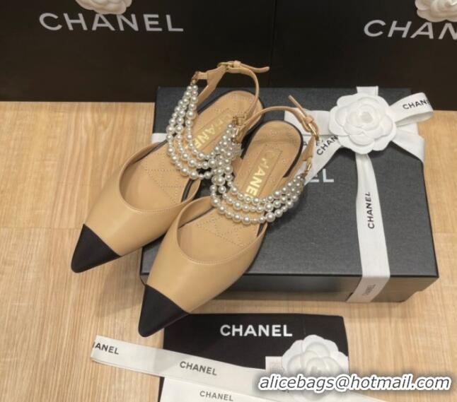 Low Price Chanel Lambskin Flat Pearl Slingbacks G37532 Beige 325059