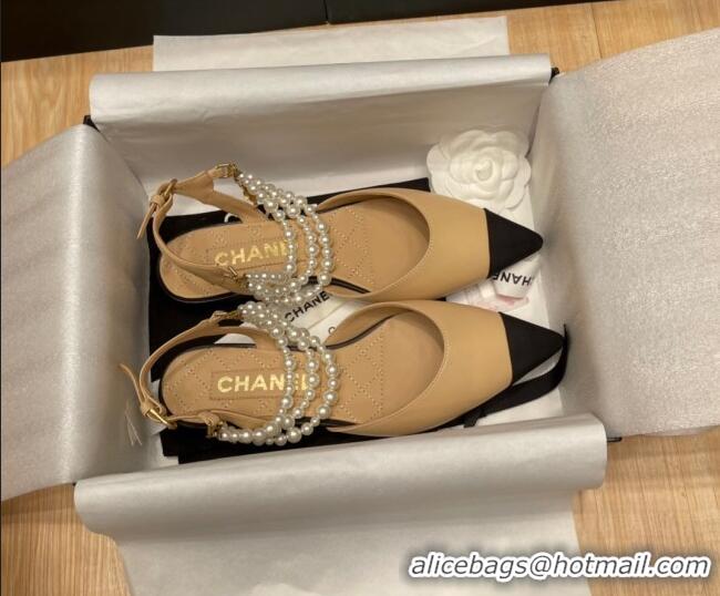 Low Price Chanel Lambskin Flat Pearl Slingbacks G37532 Beige 325059